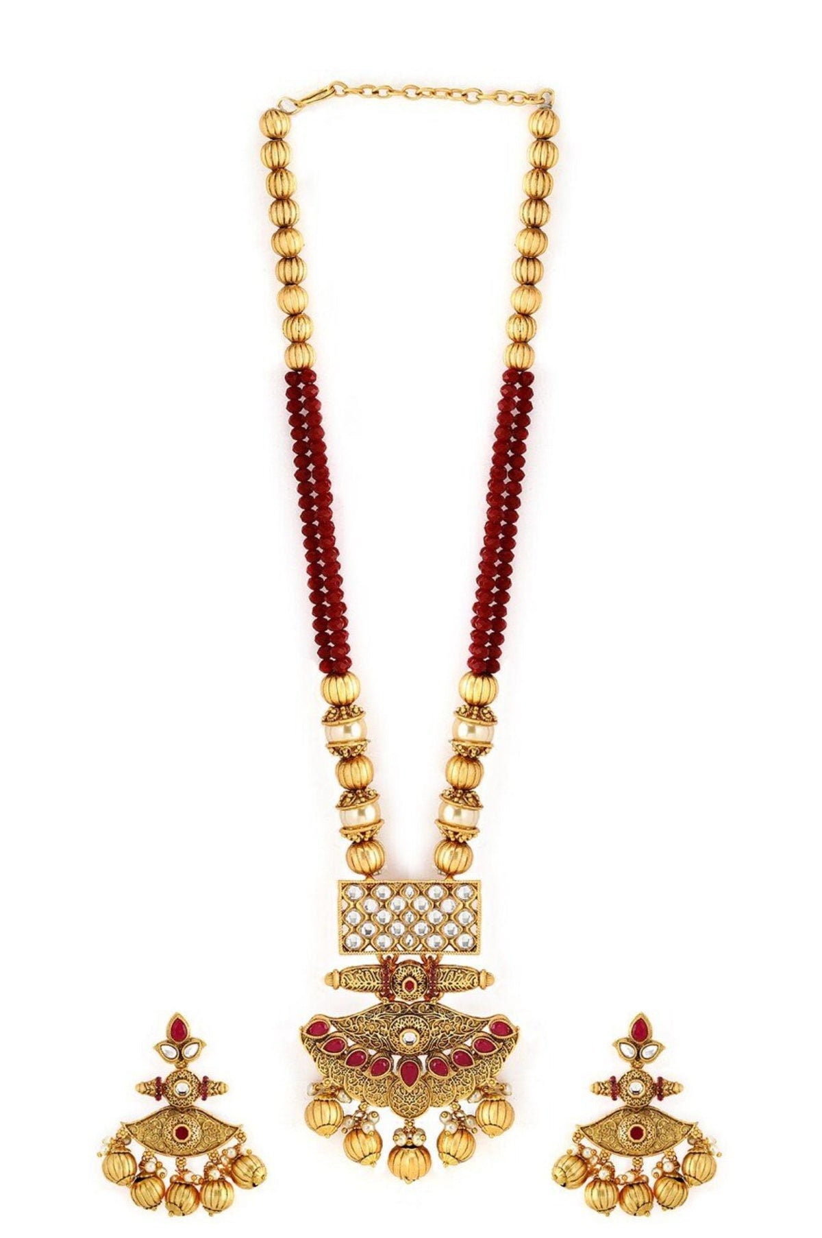 Women Anrique Gold-Toned & Red Embellished Temple Jewellery Set