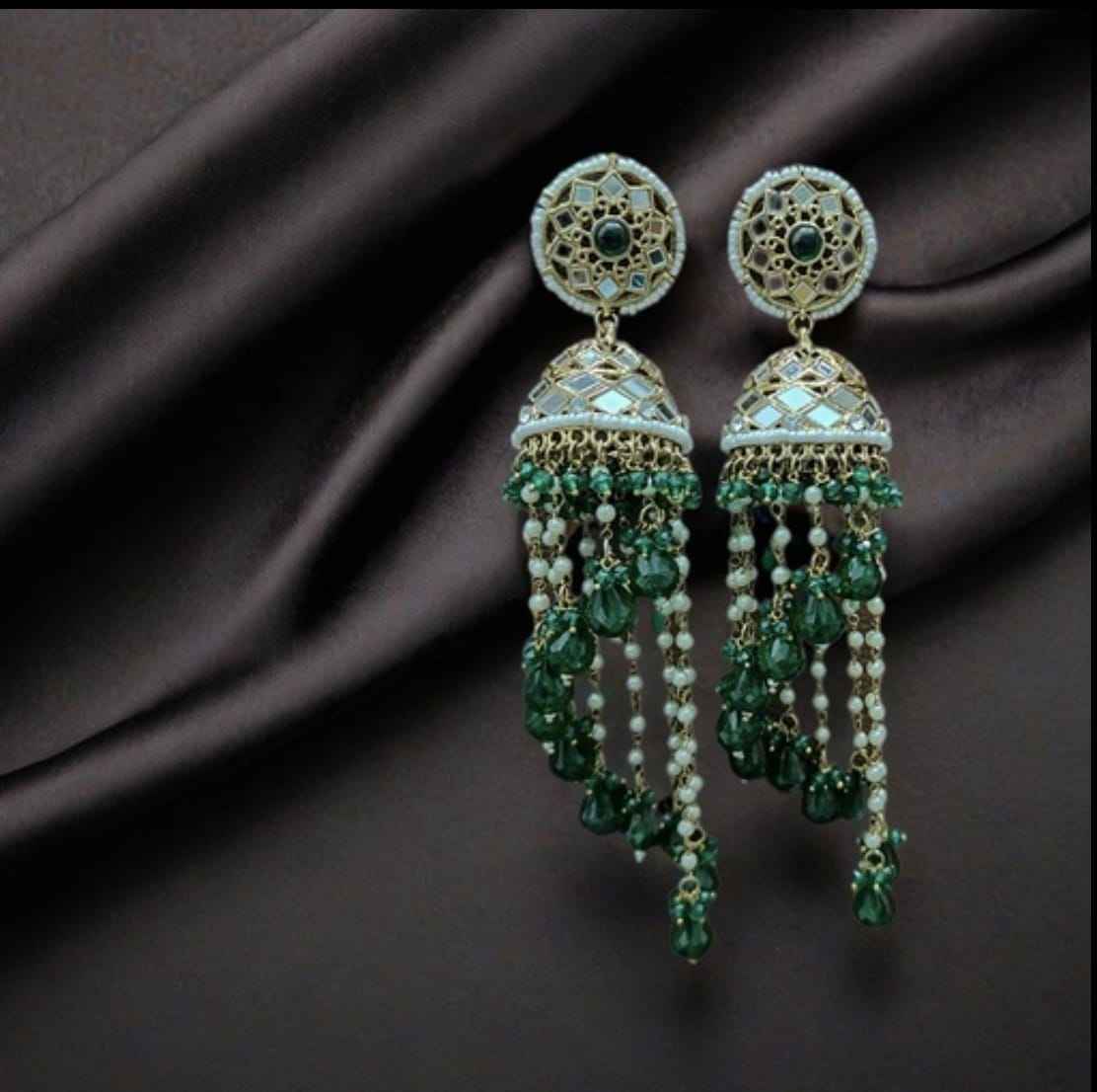 Premium Unique Mirror And Beads Jhumki Earrings in Germany