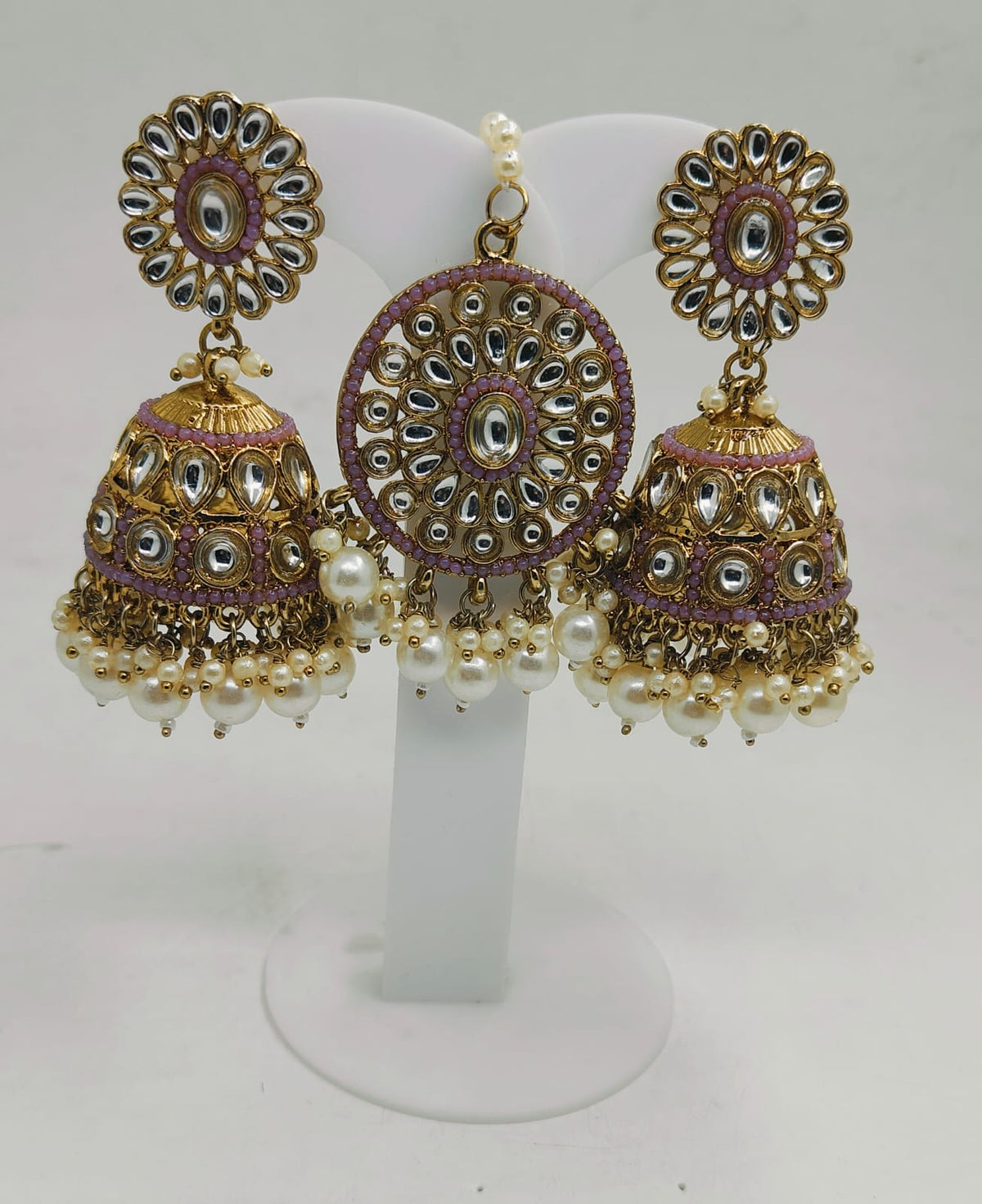 PEARL STUDDED TRADITIONAL JUMKHA EARRINGS AND MANGTIKKA FOR WOMEN IN GERMANY