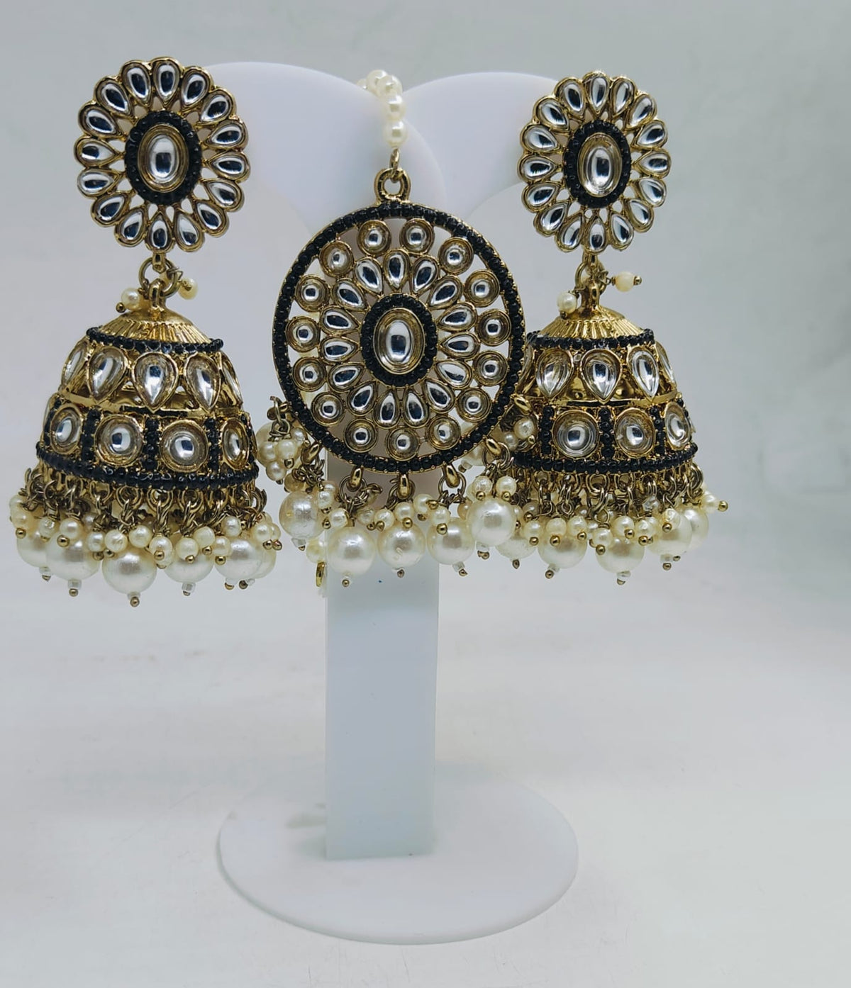 PEARL STUDDED TRADITIONAL JUMKHA EARRINGS AND MANGTIKKA FOR WOMEN IN GERMANY