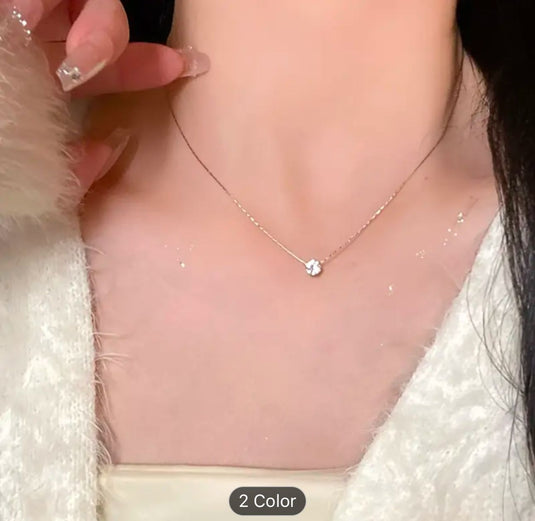 Silver Plated Single Diamond Pendant Charm Necklace