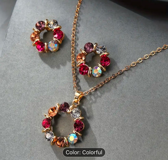 Women's Gold Plated Jewelry Set with Colorful Rhinestones & Hollow Circle Design in Germany