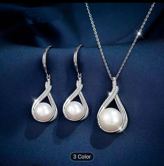 Sterling Silver Twisted Drop Pearl Necklace and Earrings set in Munich