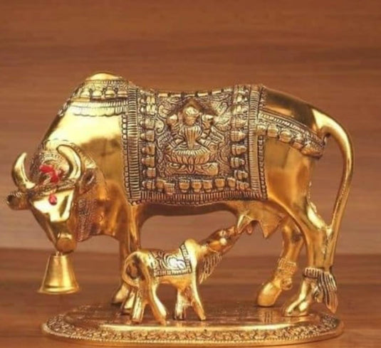 Metal Illuminati Kart-Golden Kamdhenu Cow With Calf Statue in Germany