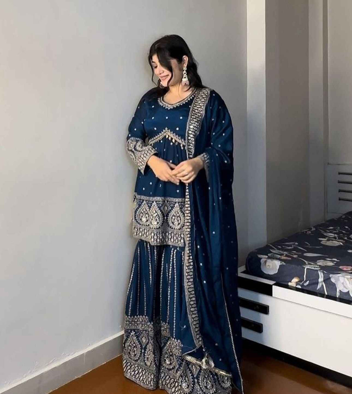 Georgette Embroidered Sharara Suit in Munich