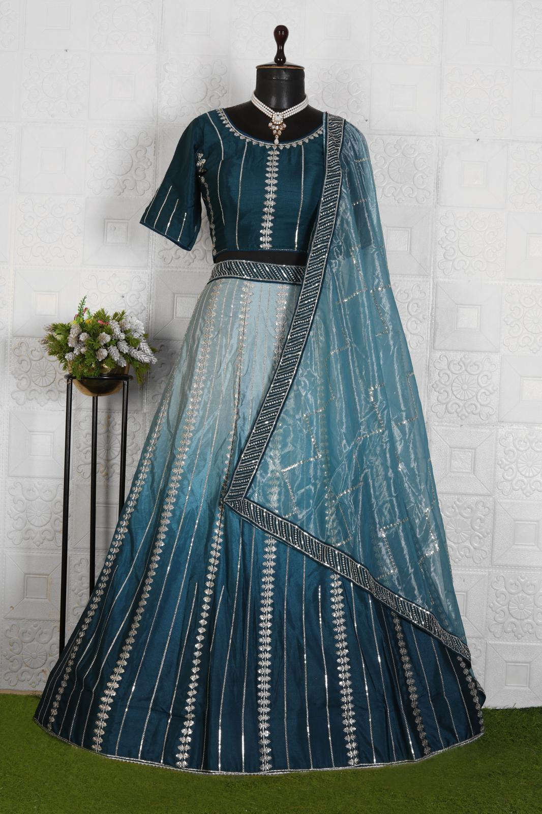 Blue Sequins Embroidered Satin Lehenga Choli in Munich Namma Markt