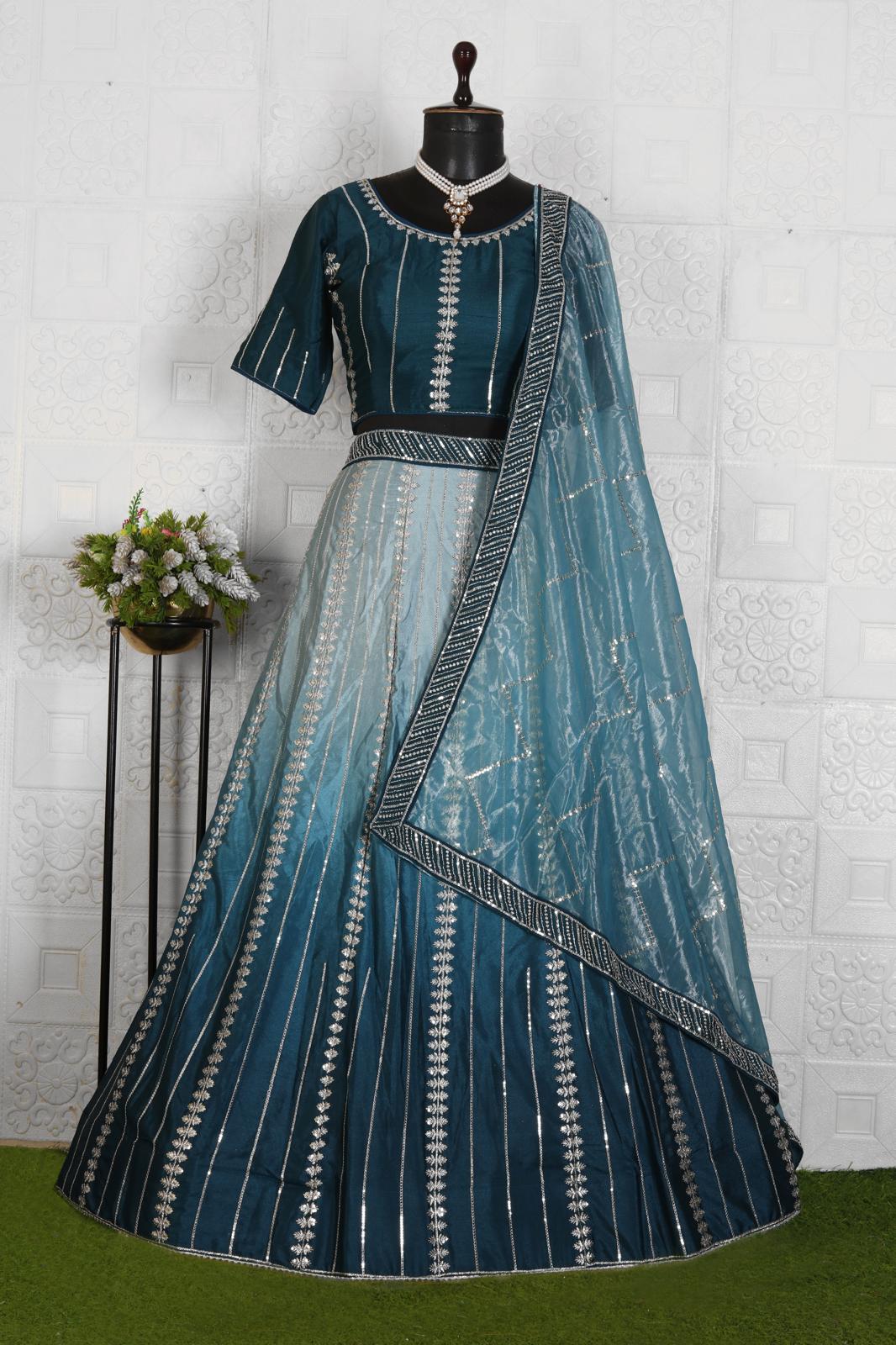 Blue Sequins Embroidered Satin Lehenga Choli in Munich
