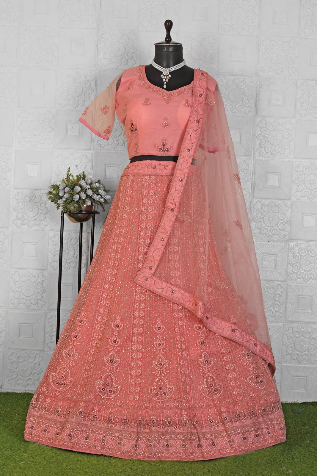 Peach Lehenga Choli in Net with Embroidery in Germany