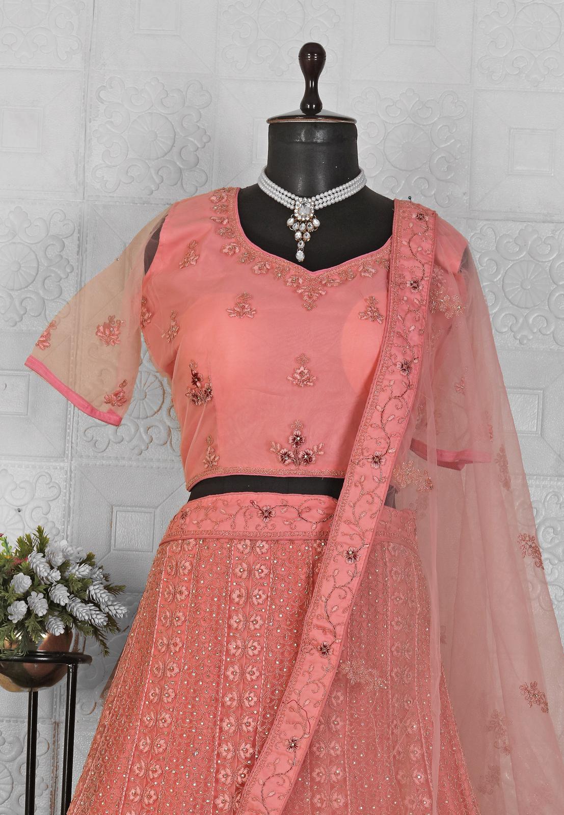 Peach Lehenga Choli in Net with Embroidery in Germany