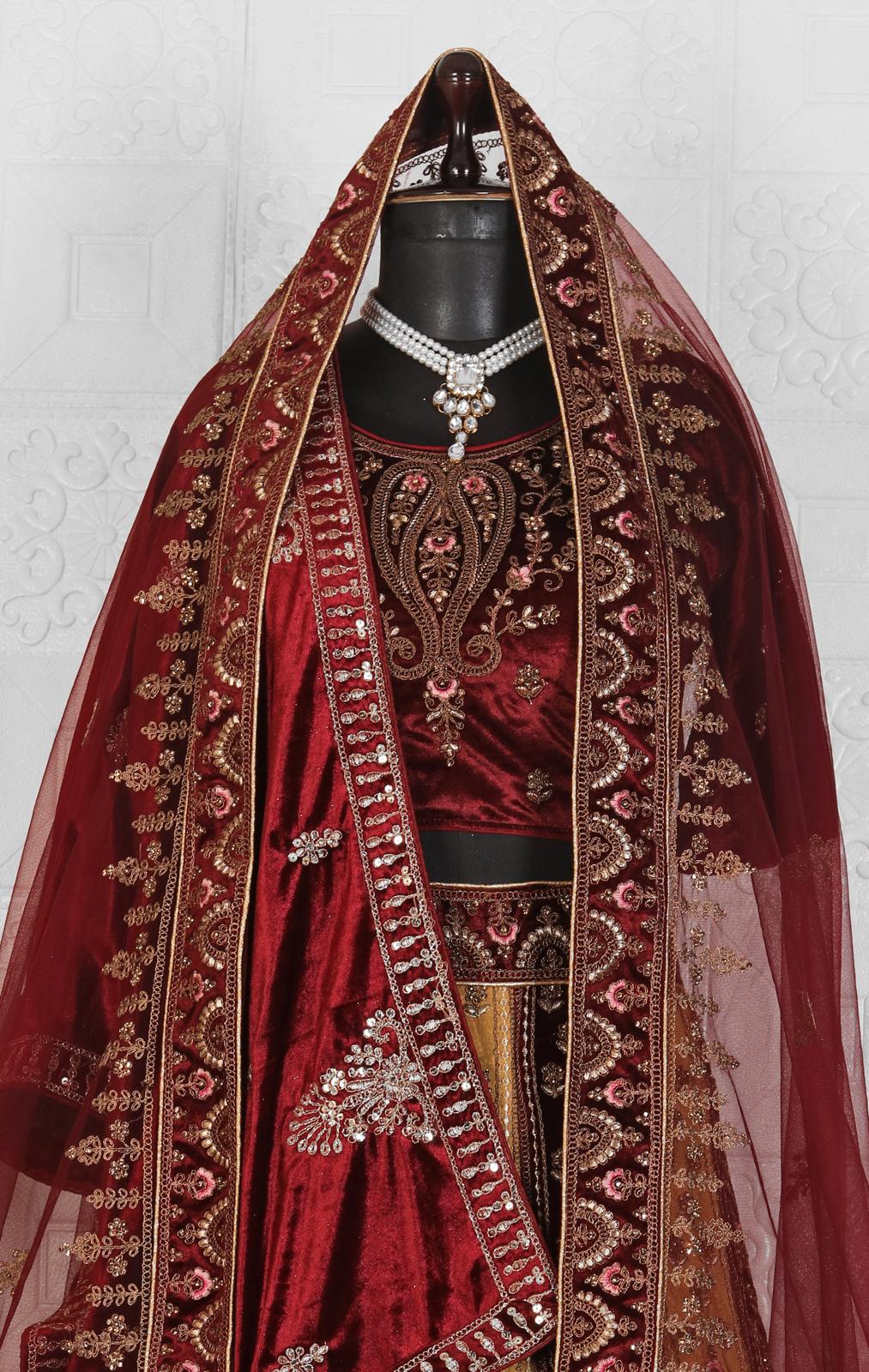 Maroon Multi-Work Velvet Bridal Lehenga Choli in Germany