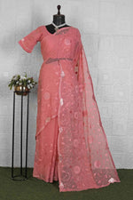 Pink Organic Chiffon Embroidered Saree Set