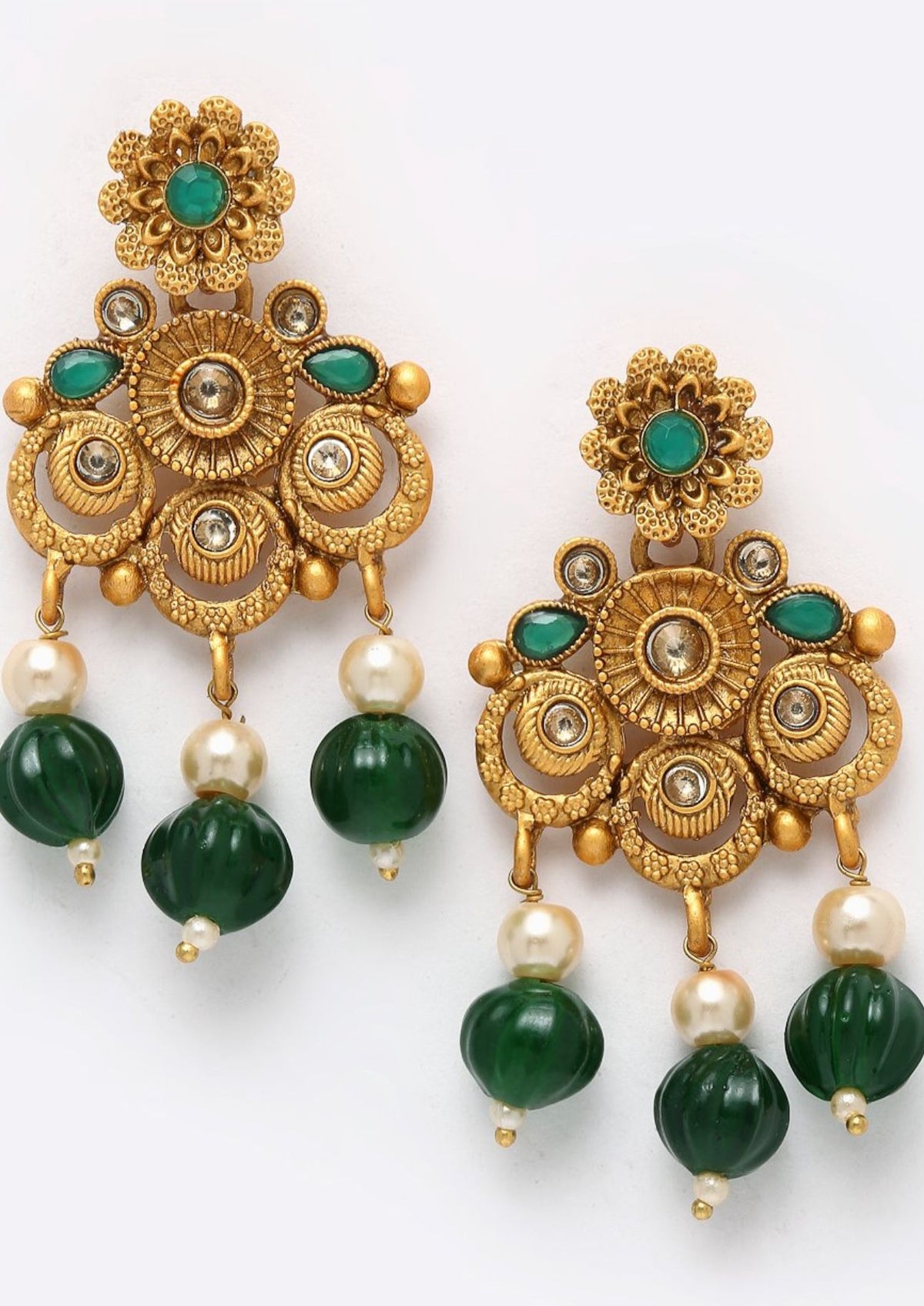 Gold-Plated Green & White Stone-Studded & Pearl-Beaded Jewellery Set Germany