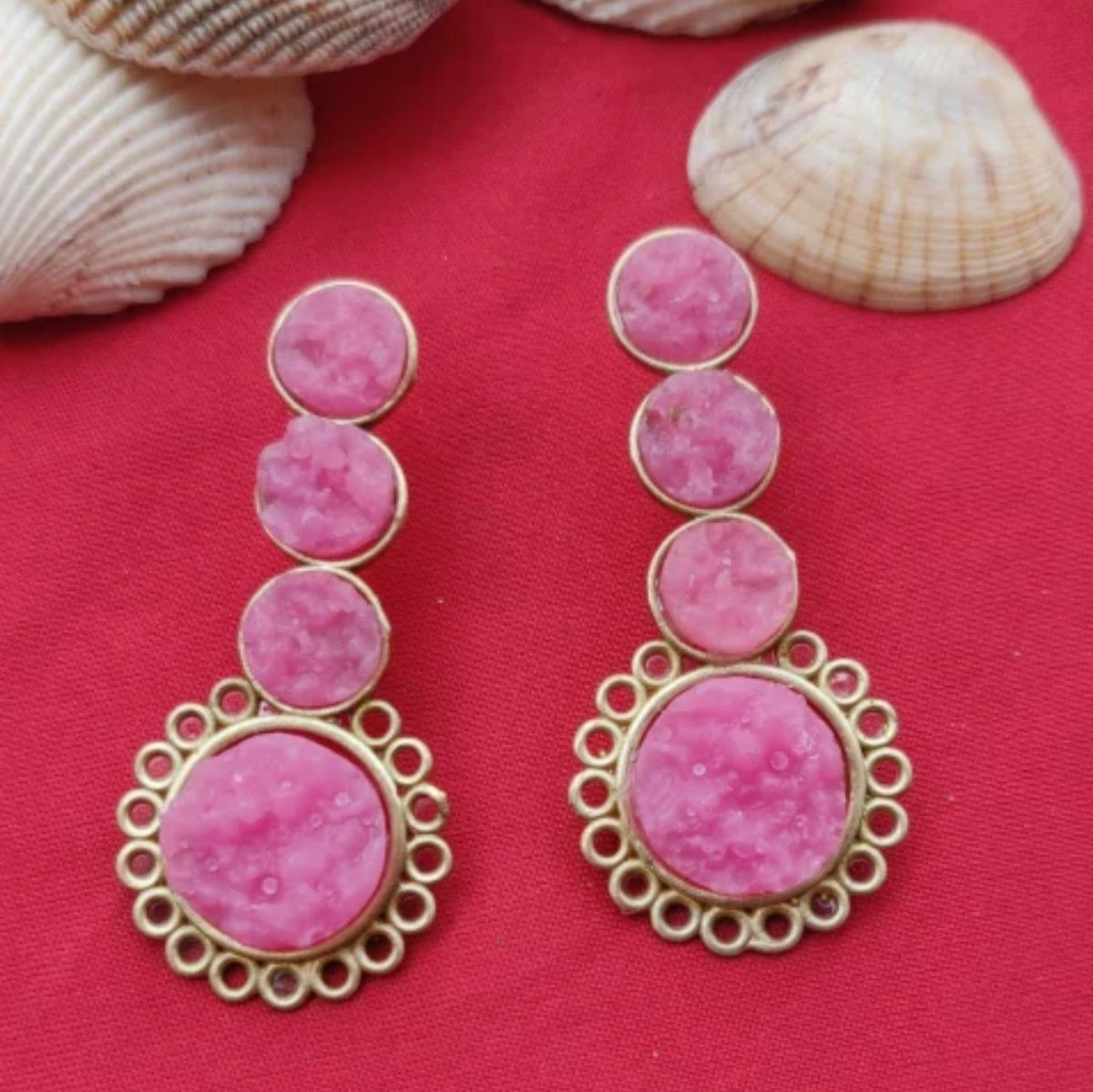 Contemporary Brass Handmade Elegant Pink Druzy Stone Dangle Earrings in Berlin