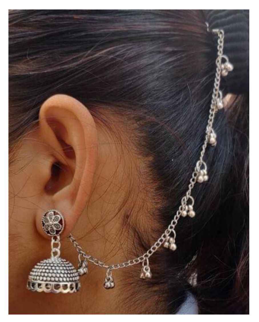 German Silver Single Line Ghunghru Earchain Stud Jhumki in Munich