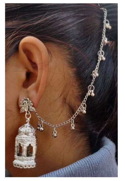 German Silver Single Line Ghunghru Earchain Stud Jhumki in Munich
