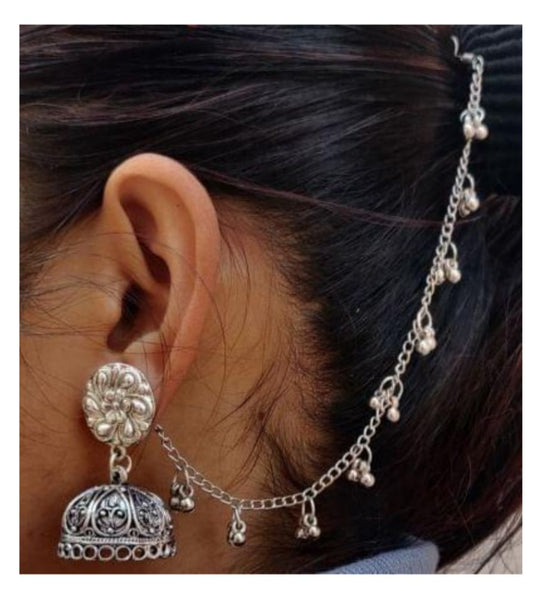 German Silver Single Line Ghunghru Earchain Stud Jhumki in Germany