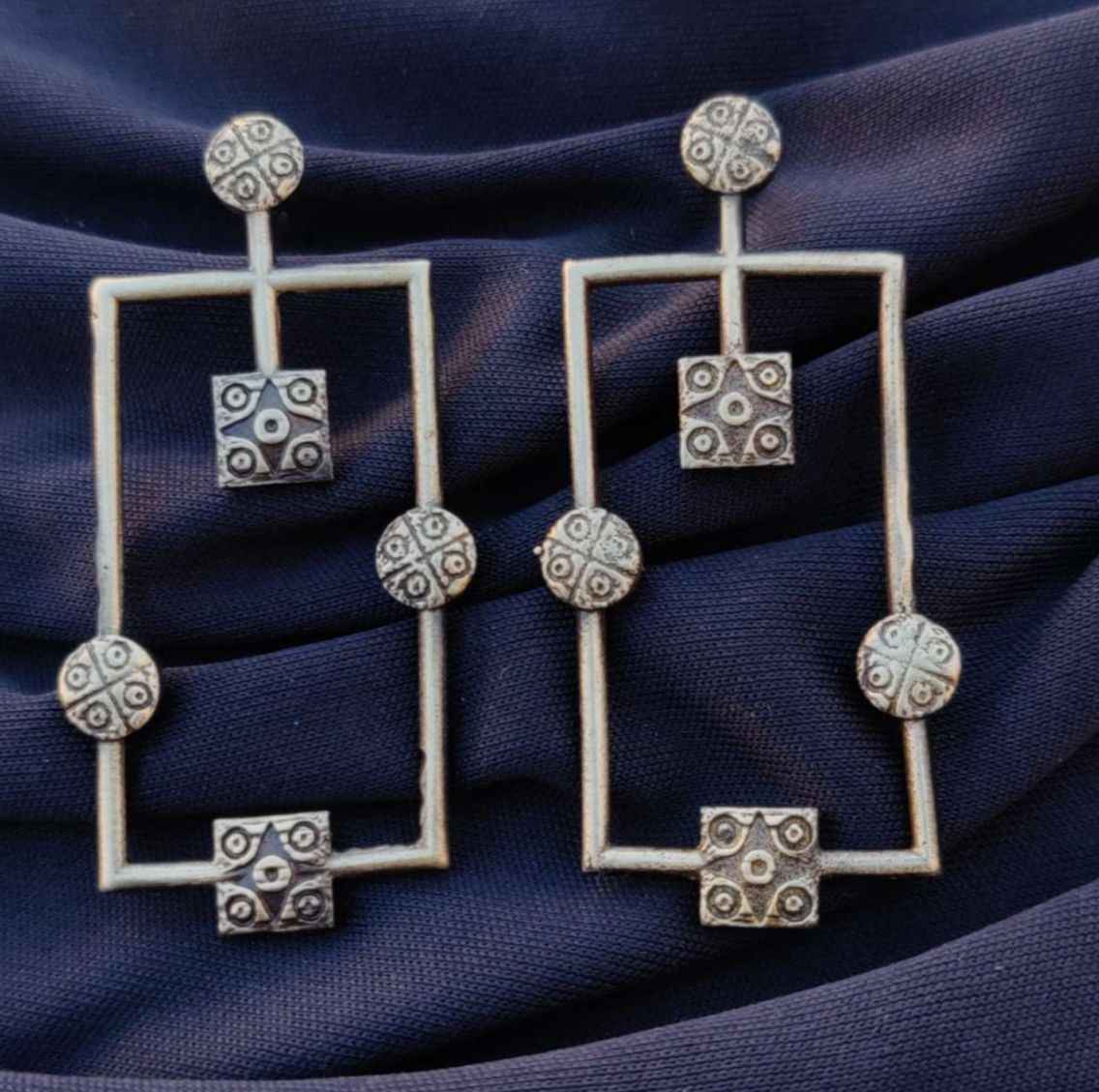 Unique Handmade Brass Black Plated Rectangle Shape Round Stud Dangler Earring in Germany