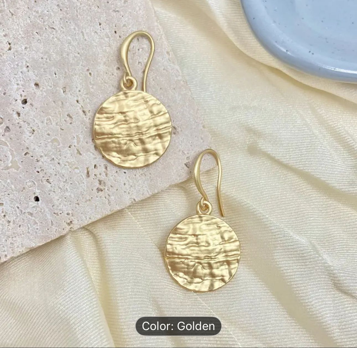 Vintage Boho Golden Tone Textured Disc Drop Earrings in Berlin