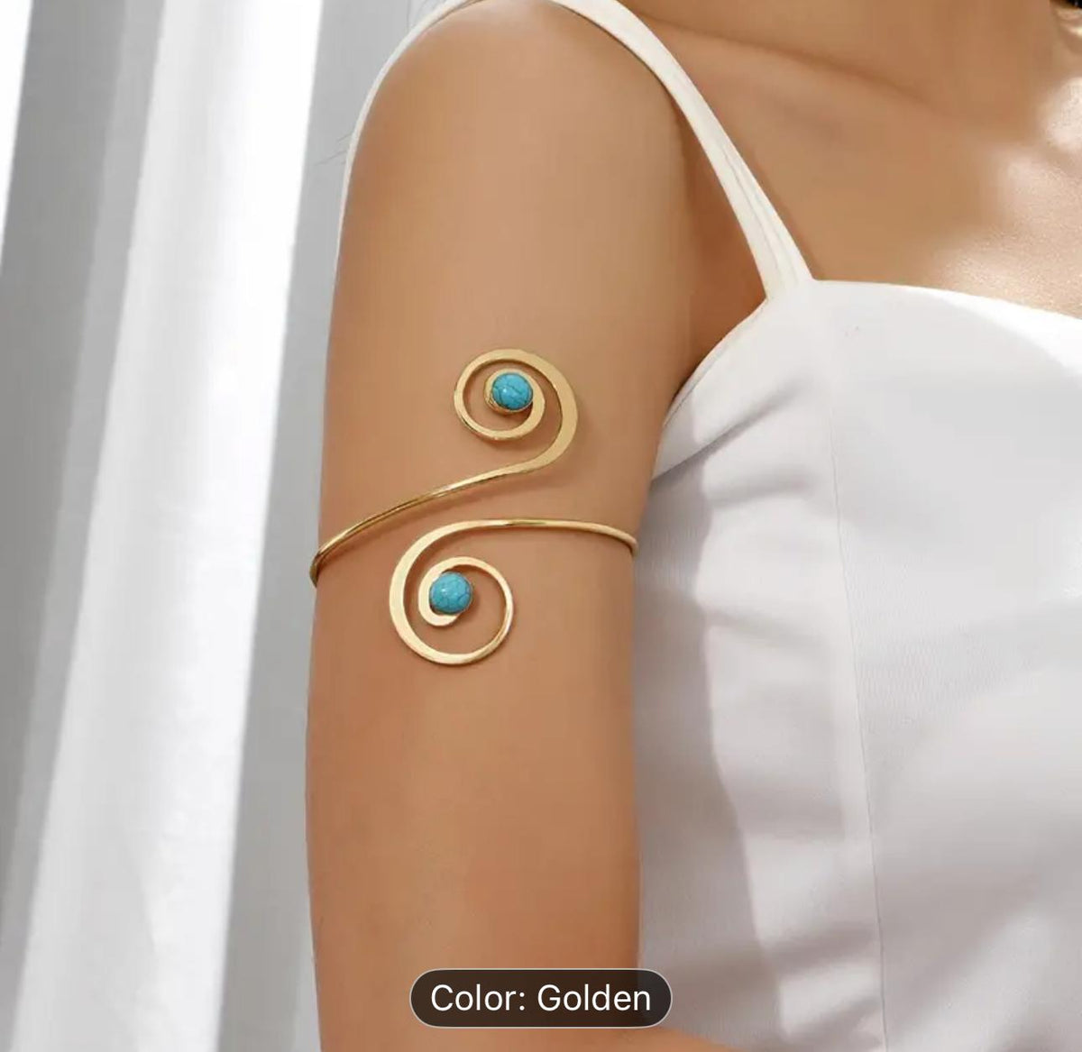 Bohemian Vintage Turquoise &amp; Golden Spiral Open Cuff Arm Bracelet in Munich