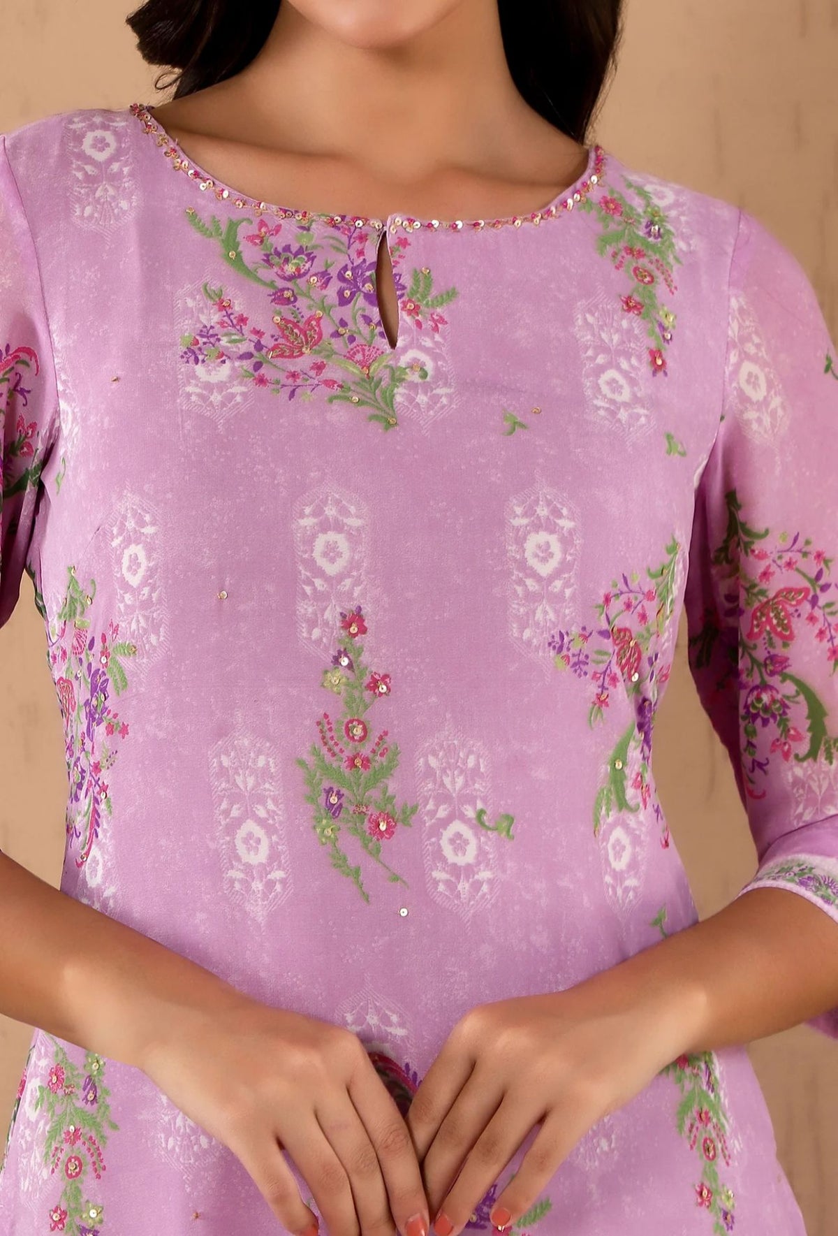 Lavender Floral Printed Metallic Sequined Organza Festive Straight Kurta in Berlin