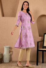 Lavender Floral Printed Metallic Sequined Organza Festive Straight Kurta in Berlin