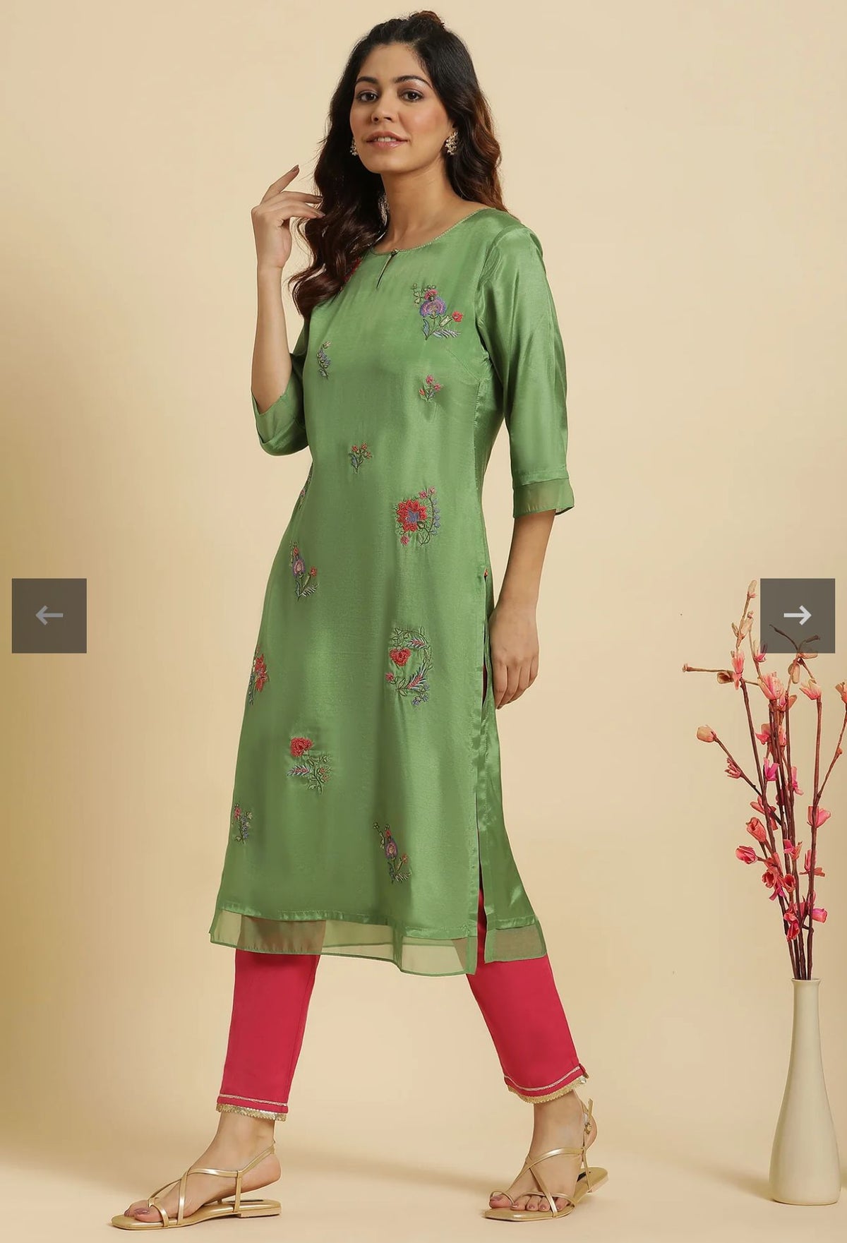Green Embroidered Shantung Festive Kurta in Germany
