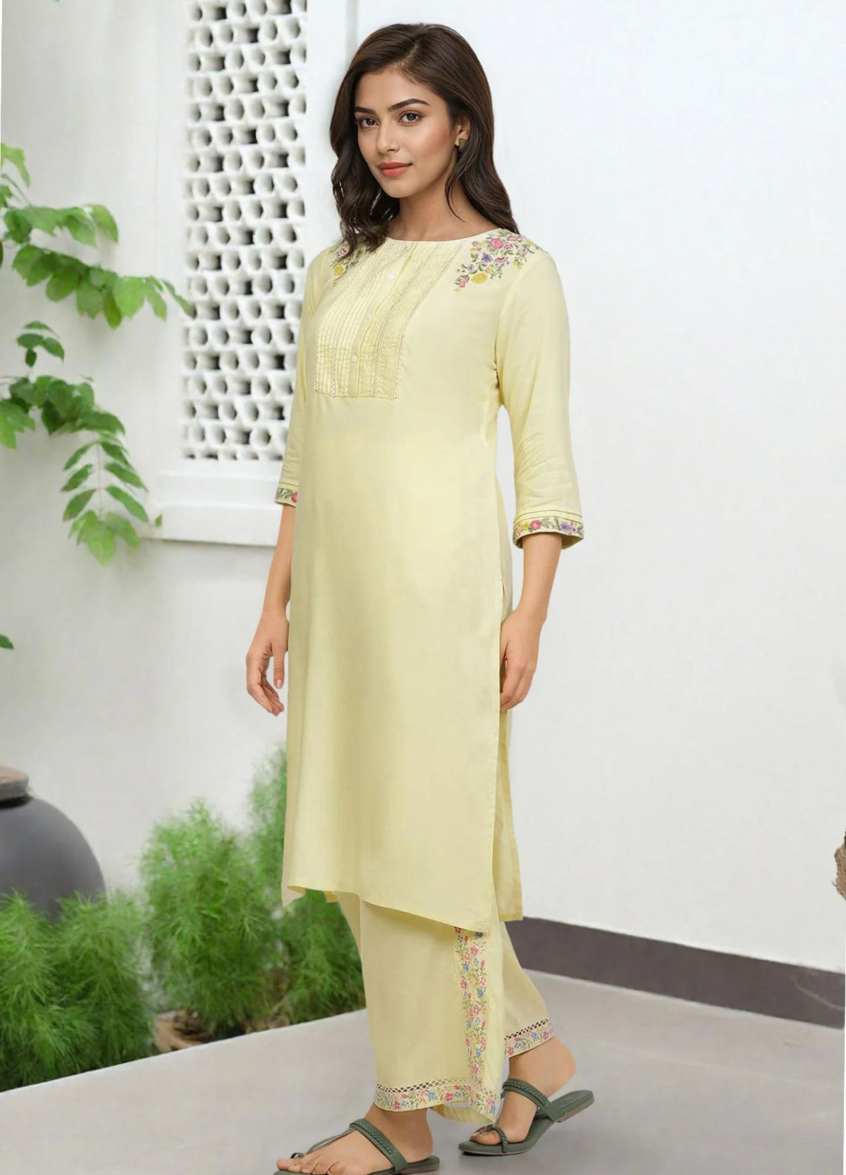 Yellow Embroidered Rayon Straight Kurta in Munich