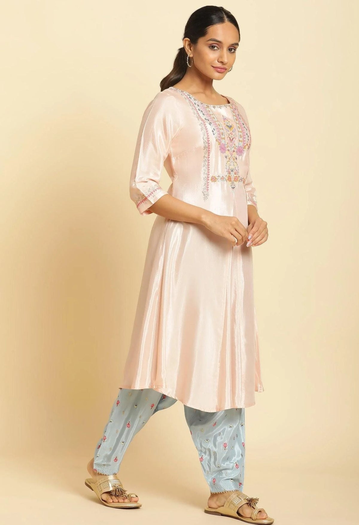Peach Embroidered Flared Kurta in Munich