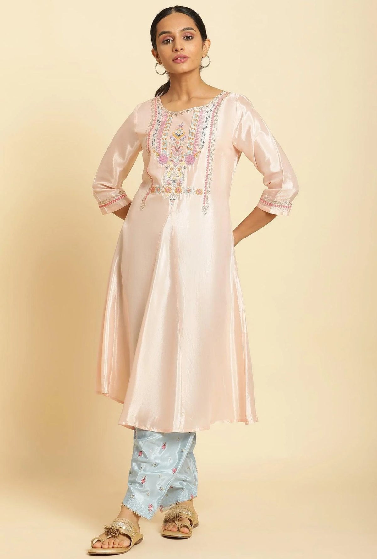 Peach Embroidered Flared Kurta in Munich
