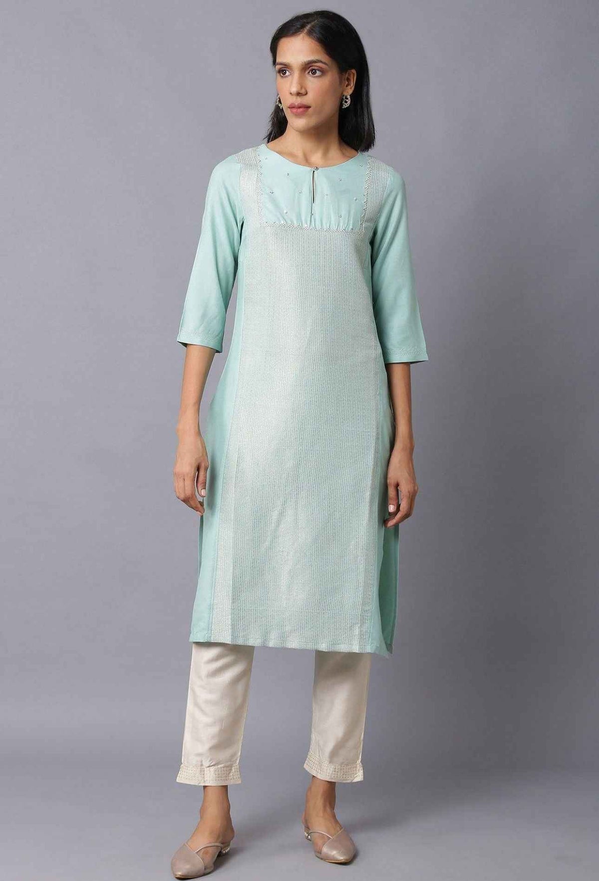 Teal Blue Jacquard kurta With Embroidered Yoke in Munich