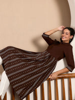Brown Printed Shirt Collar Flared Kurta With Minimal Thread Work in Germany