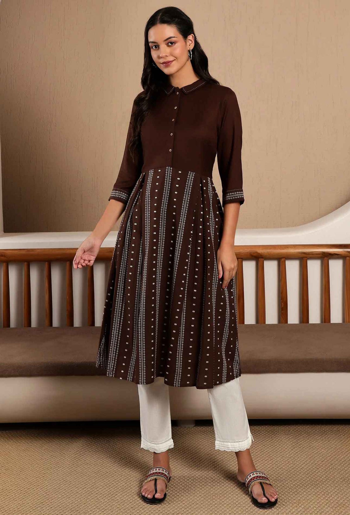 Brown Printed Shirt Collar Flared Kurta With Minimal Thread Work in Germany
