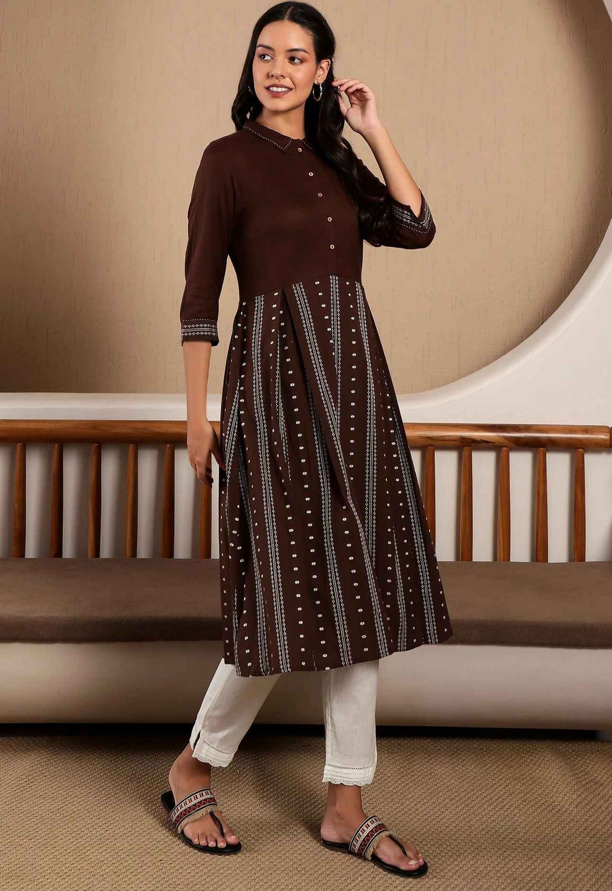 Brown Printed Shirt Collar Flared Kurta With Minimal Thread Work in Germany