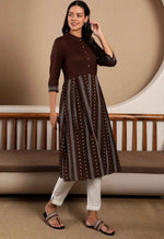 Brown Printed Shirt Collar Flared Kurta With Minimal Thread Work in Germany