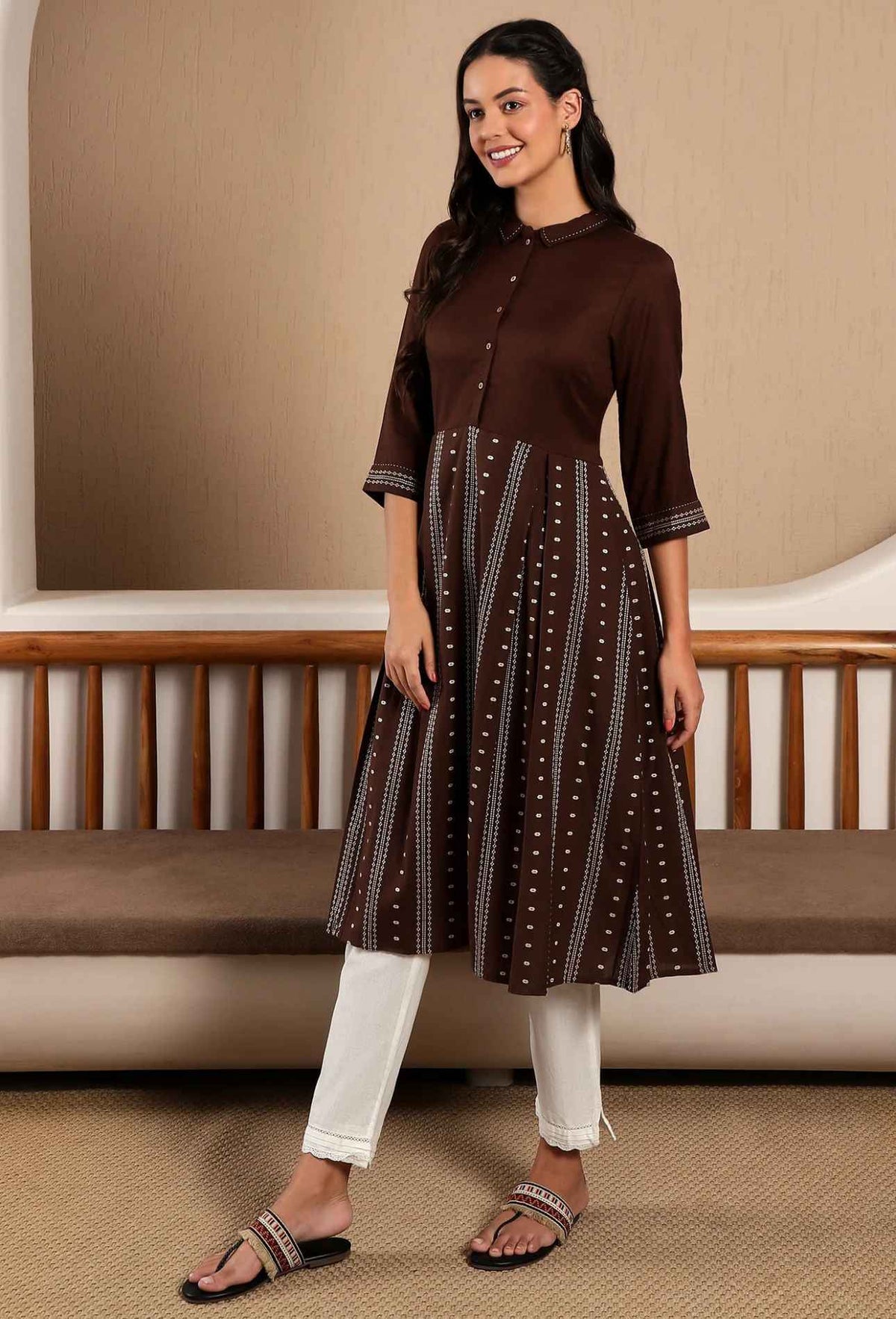 Brown Printed Shirt Collar Flared Kurta With Minimal Thread Work in Germany
