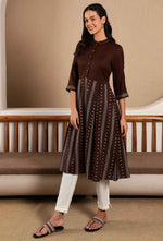 Brown Printed Shirt Collar Flared Kurta With Minimal Thread Work in Germany