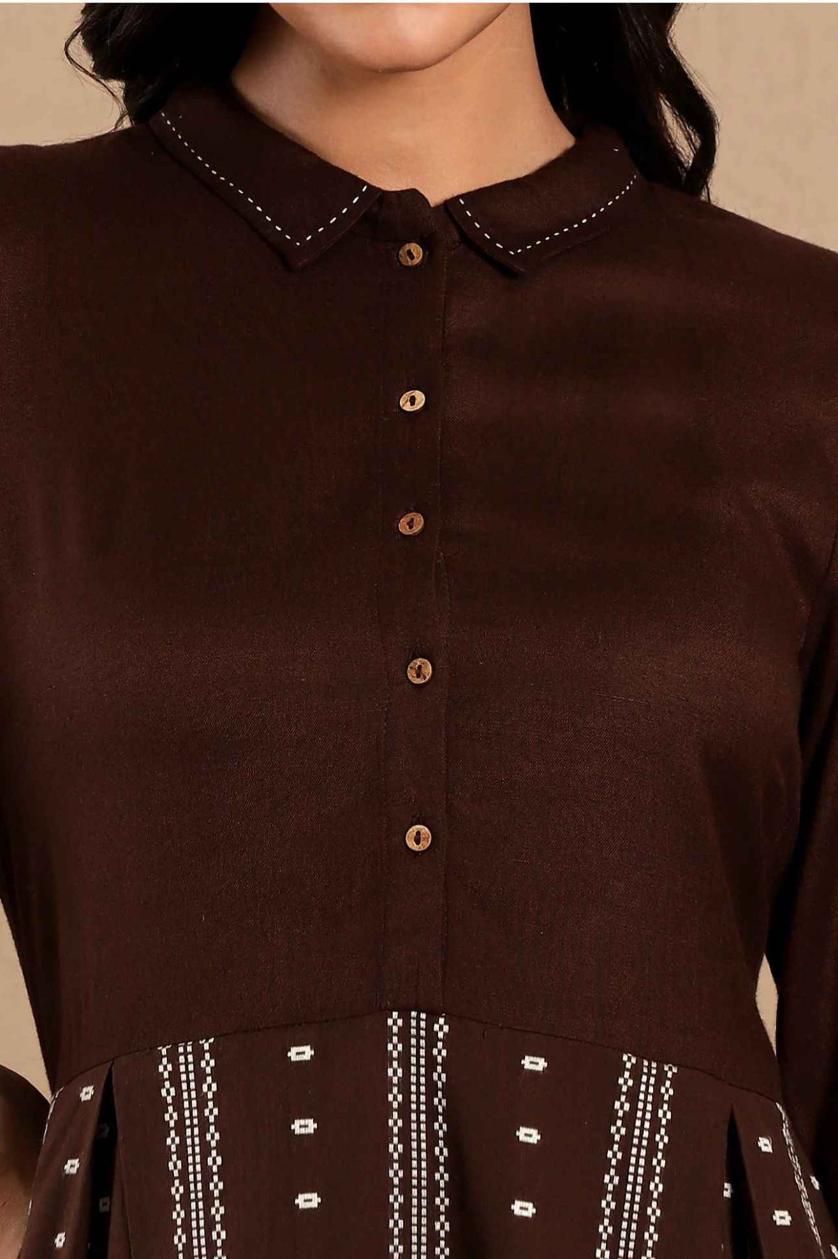 Brown Printed Shirt Collar Flared Kurta With Minimal Thread Work in Germany