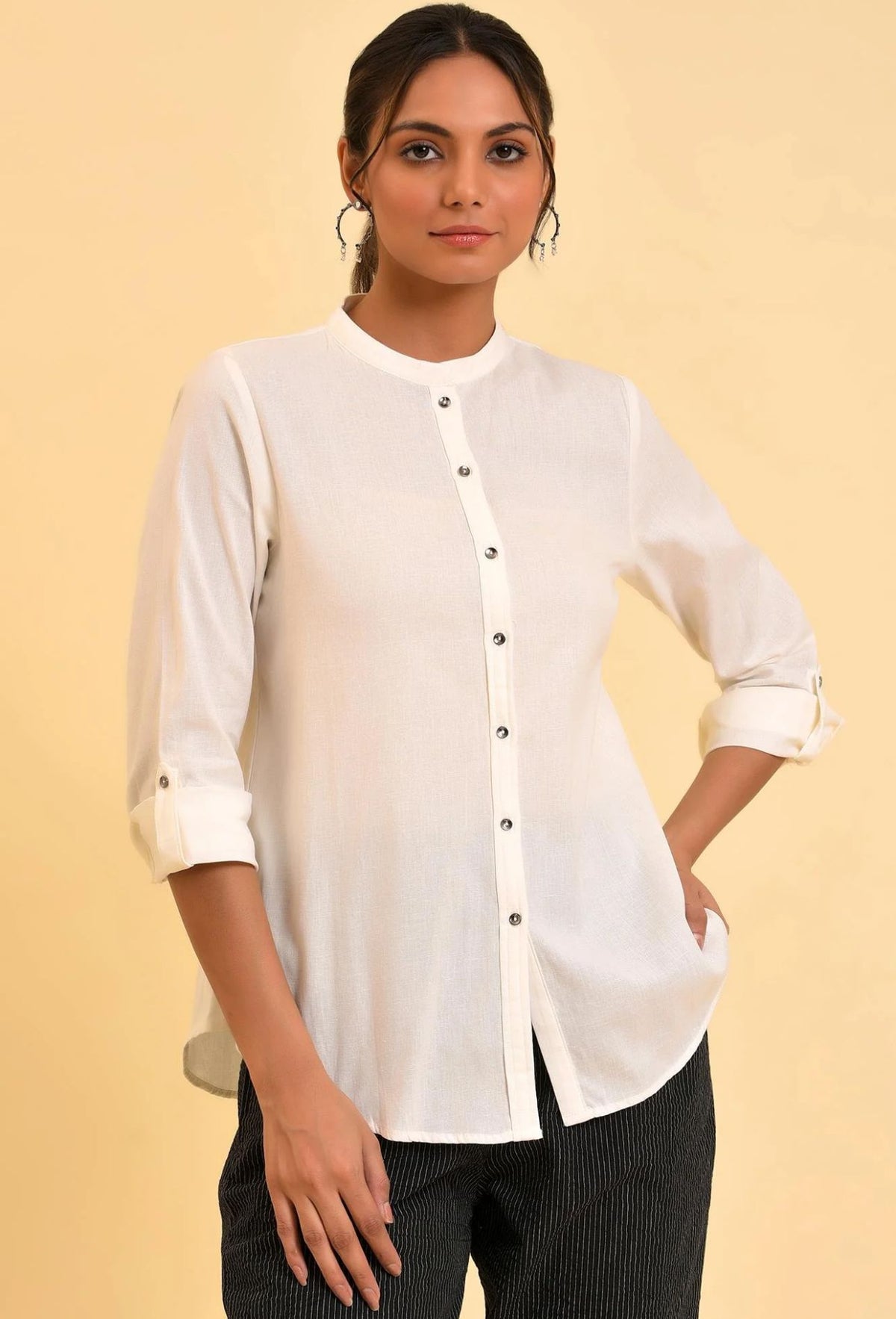 Ecru Cotton Flax Button Down Western Top in Berlin