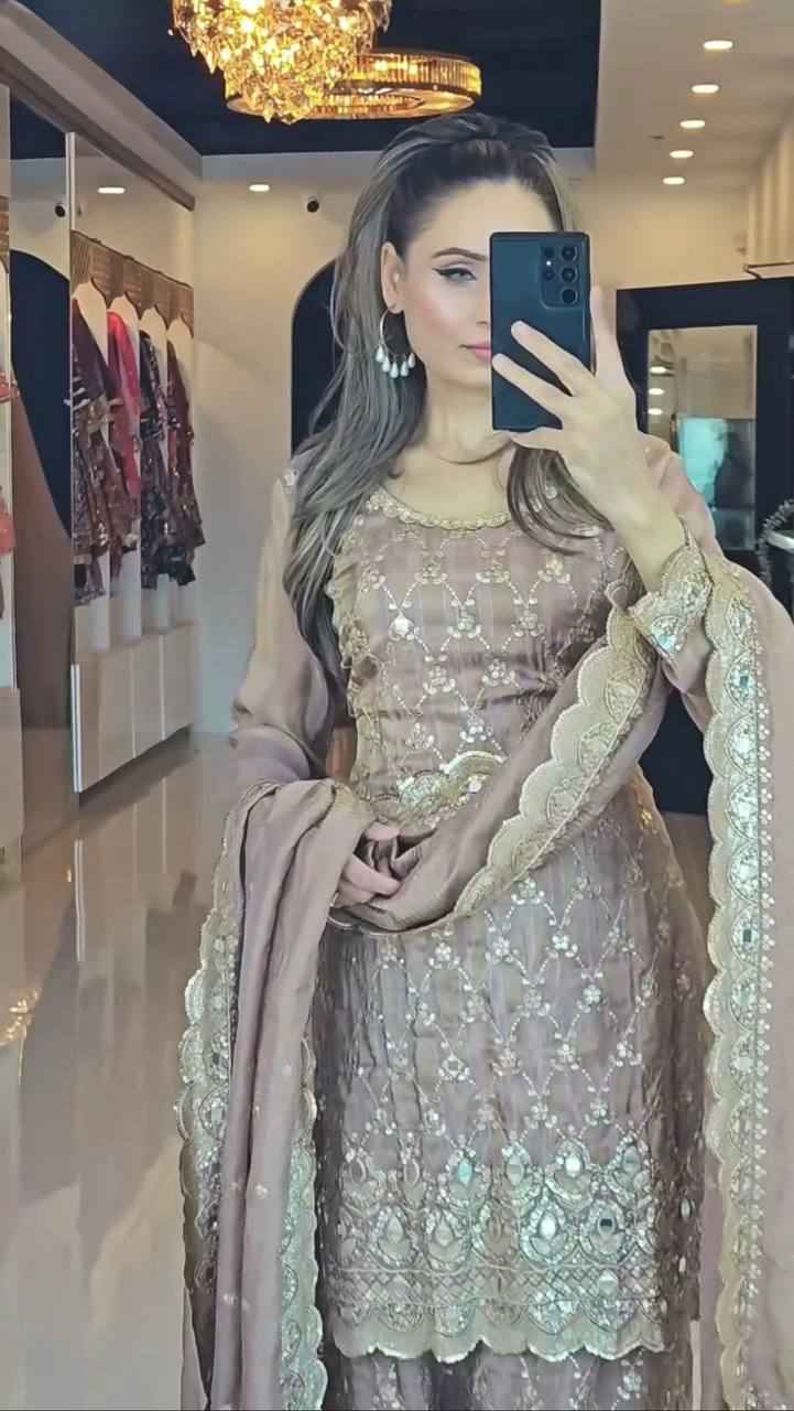 Pure Heavy Chinnon Silk With Heavy Embroidery Sequence Work Suit in Germany