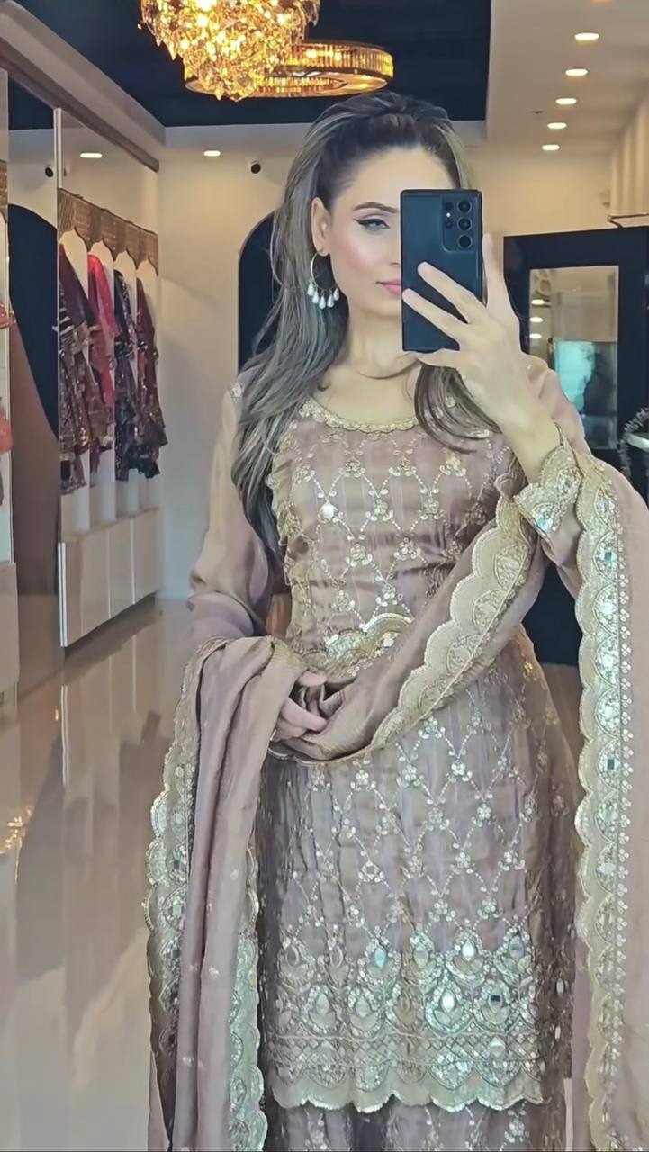 Pure Heavy Chinnon Silk With Heavy Embroidery Sequence Work Suit in Germany