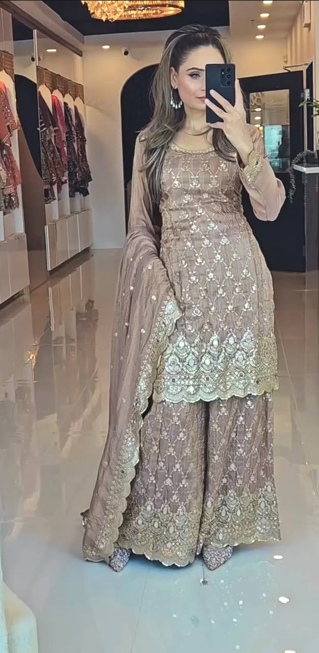 Pure Heavy Chinnon Silk With Heavy Embroidery Sequence Work Suit in Germany