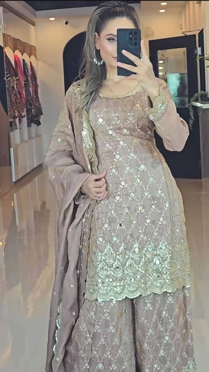 Pure Heavy Chinnon Silk With Heavy Embroidery Sequence Work Suit in Germany