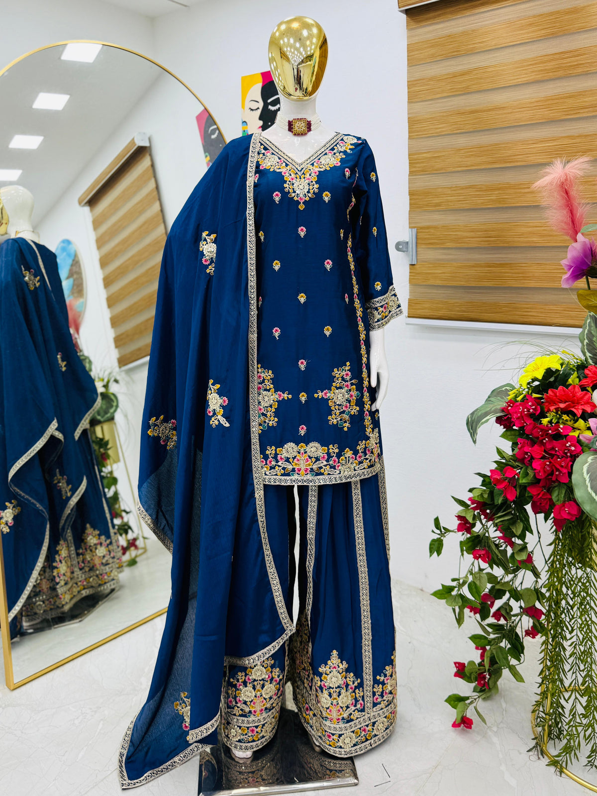 Blue Chinon Silk Embroidery Suit in Germany