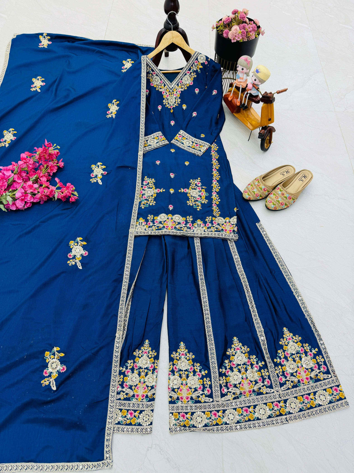 Blue Chinon Silk Embroidery Suit in Germany