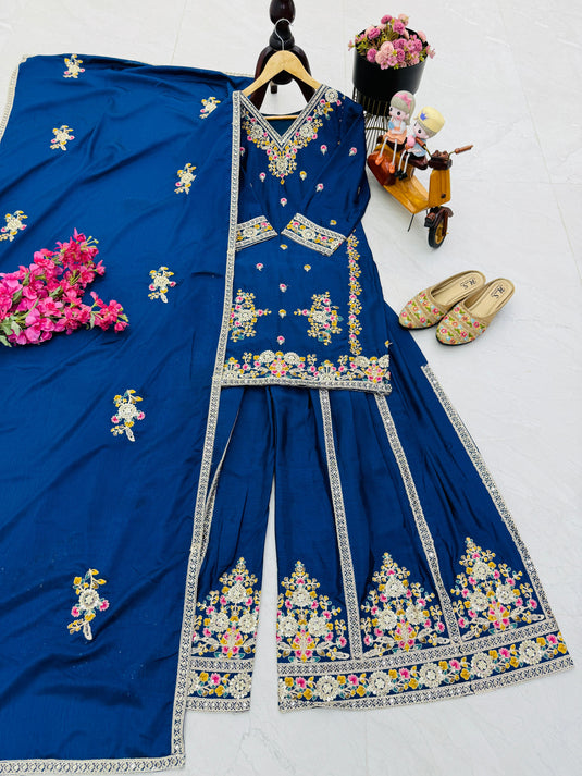 Blue Chinon Silk Embroidery Suit in Germany