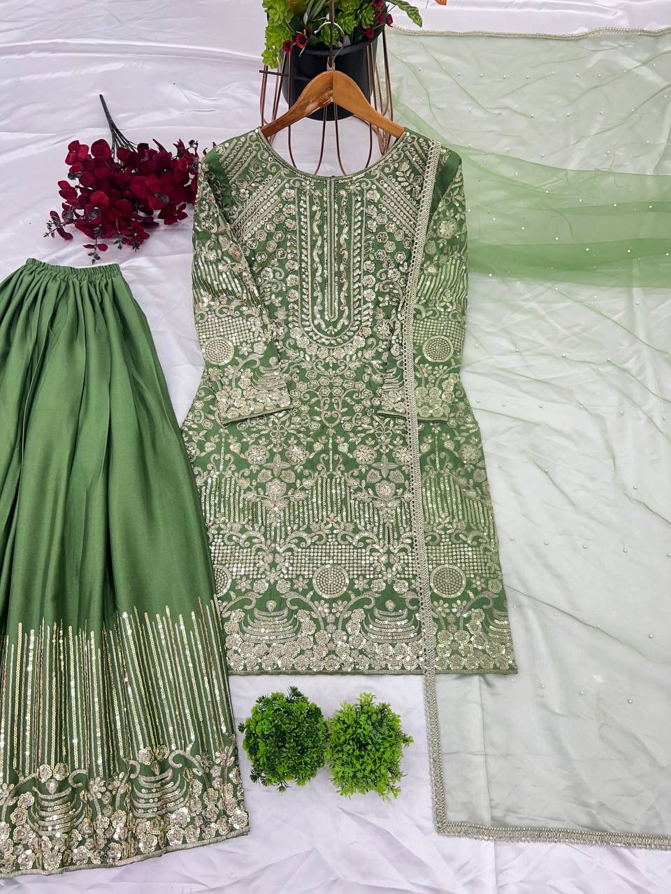 Heavy Pure Chinnon Silk Embroidery Sequence Work With Moti Work With Full Sleeve in Germany