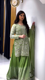 Heavy Pure Chinnon Silk Embroidery Sequence Work With Moti Work With Full Sleeve in Germany