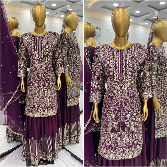 Heavy Pure Chinnon Silk Embroidery Sequence Work With Moti Work With Full Sleeve in Berlin