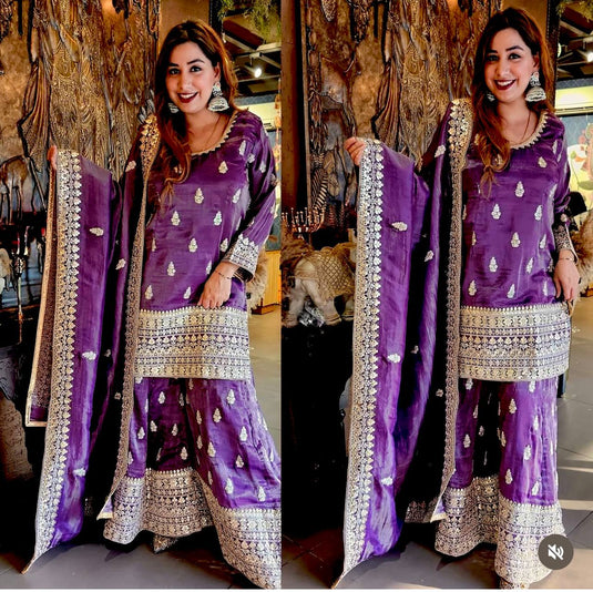 Pure Chinon Silk With Embroidery Suit in Germany