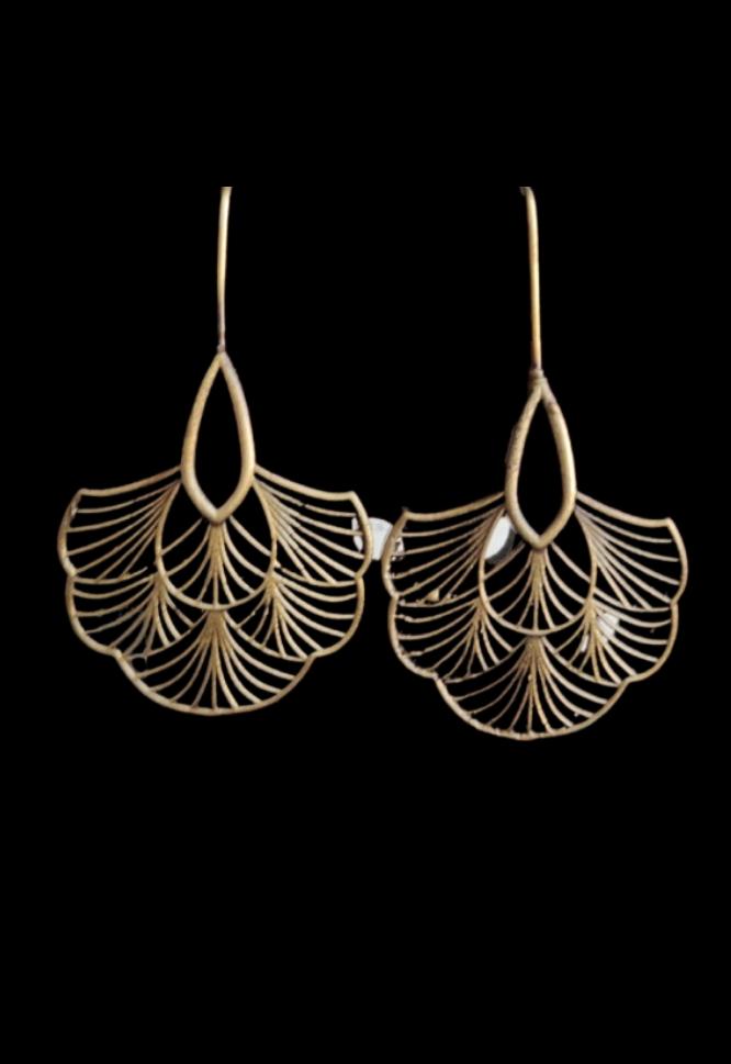Golden Artistic Brass Danglers with Gemstone and Leaf Elements Earrings in Berlin